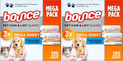 Bounce Pet Hair and Lint Guard Mega Dryer Sheets with 3X Pet Hair Fighters, Unscented, 130 Count