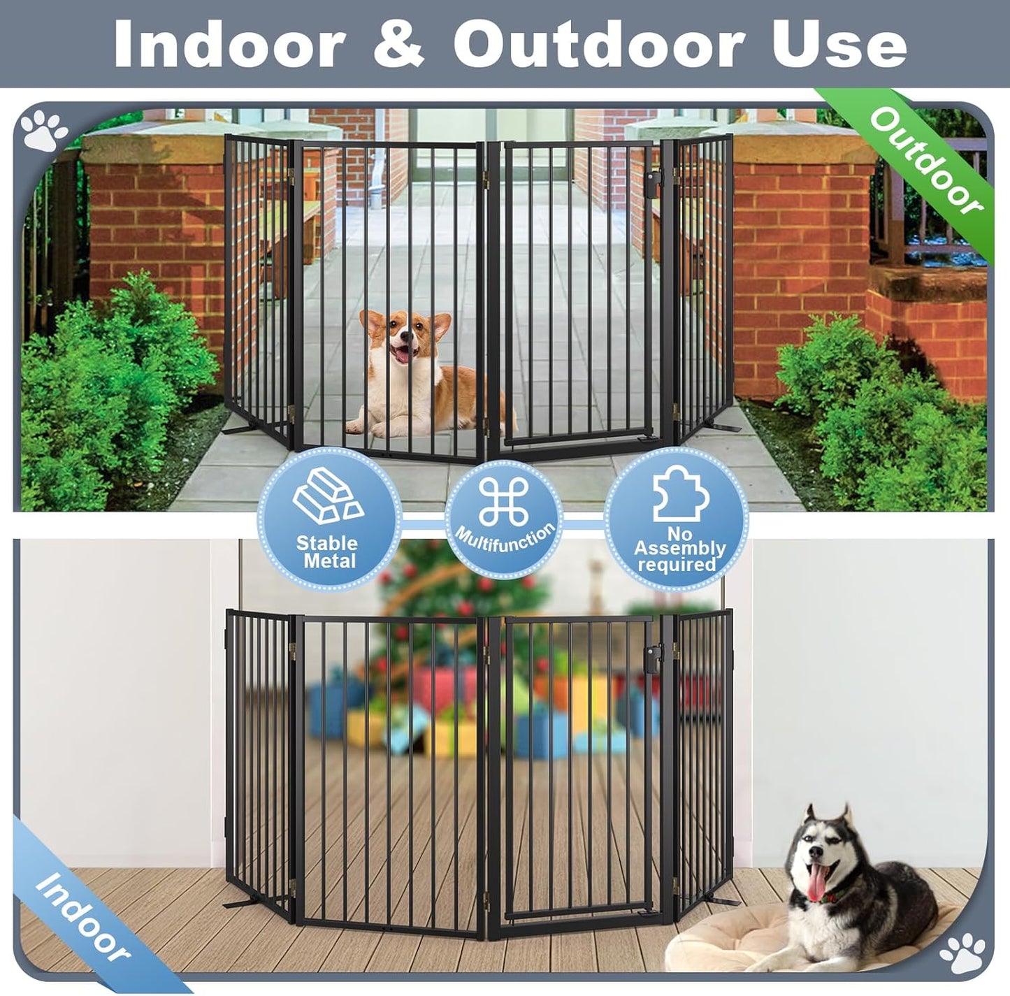 Metal Freestanding Dog Gates with Door for Outdoor Indoor,80'' Extra Wide 32'' Tall Free Standing Dog Gate for Doorways,Large Openings,Deck,Yard,Foldable Safety Pet Fence(Black,4 Panels)