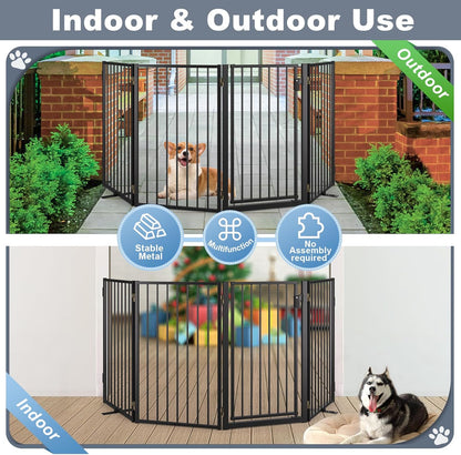 Metal Freestanding Dog Gates with Door for Outdoor Indoor,80'' Extra Wide 32'' Tall Free Standing Dog Gate for Doorways,Large Openings,Deck,Yard,Foldable Safety Pet Fence(Black,4 Panels)