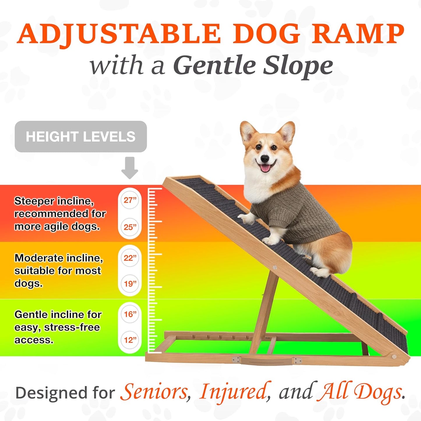 Adjustable Dog Ramp for Bed - 34" Long Foldable Wooden Ramp for Dogs to Get on Bed, Couch, or Car with 12.6" Wide Walking Space (Natural Wood with Gray Carpet)