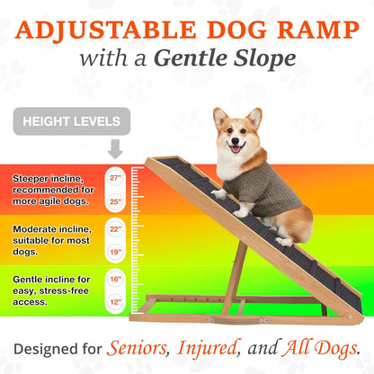 Adjustable Dog Ramp for Bed - 34" Long Foldable Wooden Ramp for Dogs to Get on Bed, Couch, or Car with 12.6" Wide Walking Space (Natural Wood with Gray Carpet)