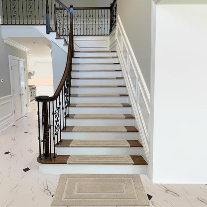 PURE ERA Bullnose Carpet Stair Treads Set Tape Free Non-Slip Indoor Stair Protectors Pet Friendly Rugs Covers Soft Skid Resistant Washable Reusable 9.5" x 30"(14 Pieces,Cream Gray)