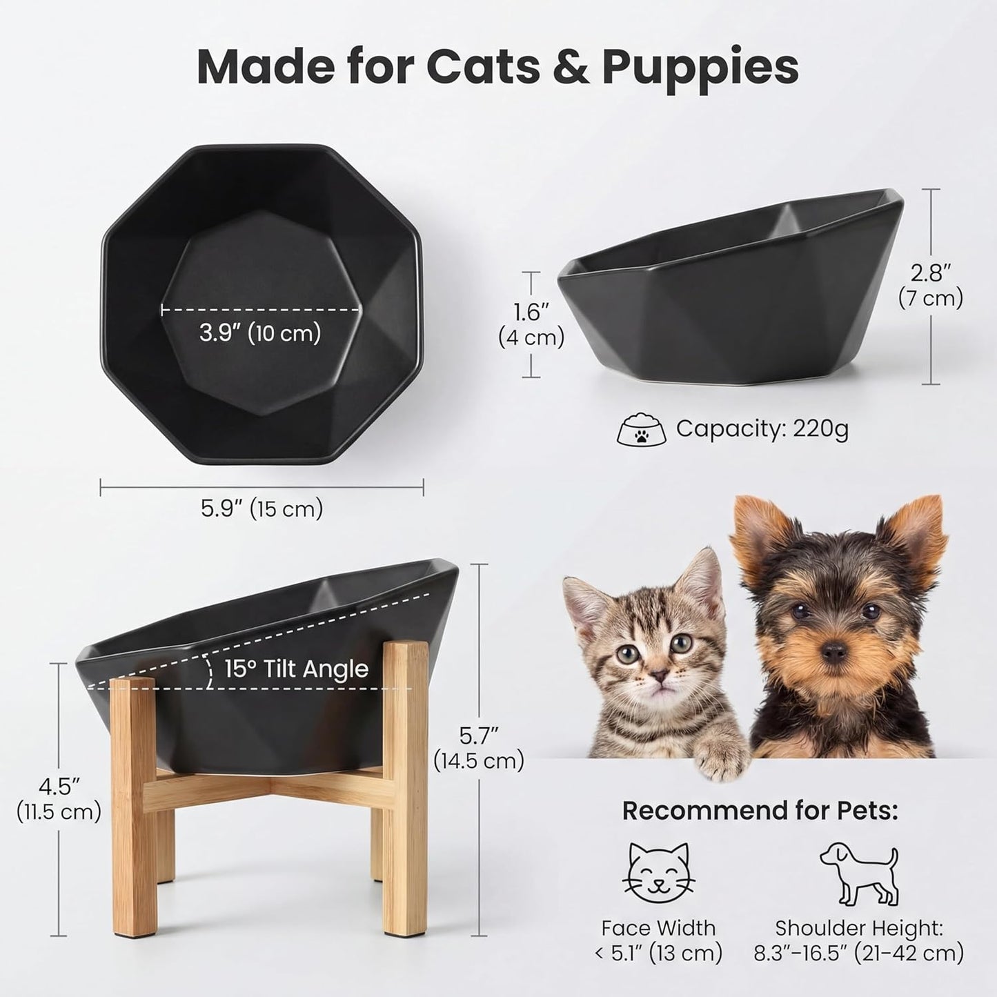 Ceramic Tilted Raised Cat Bowl - Elevated Food Bowl for Indoor Cats & Small Dogs - Shallow Wide Whisker-Friendly Design - Pet Dish Suitable for Feeding Dry, Wet, Treats & Canned Food - White