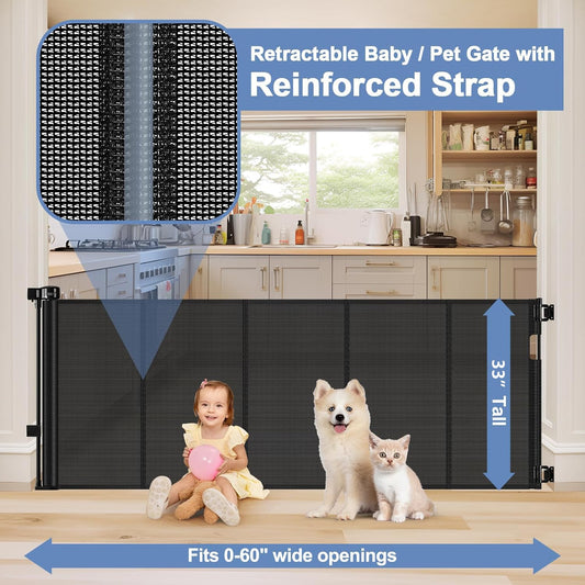 Reinforced 90 Inch Retractable Baby Gates Extra Wide Baby Gate with Reinforced Strips, 7.5ft Long Retractable Dog Gate for The House 33 Inch Tall Extra Long Pet Gates for Wide Openings, Black