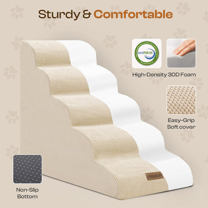 Dog Stairs for High Beds Up to 30", Extra-Tall 5-Step Dog Steps for Bed, 24.5" Tall Foam Pet Stairs for Small & Medium Dogs, Gentle Slope Cat Ramp for Bed with Washable Cover
