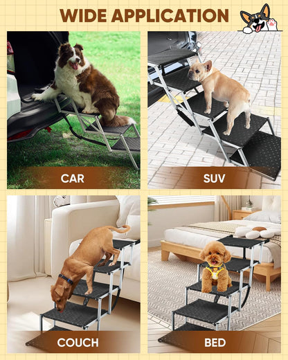 Saker Foldable Dog Ramp for Cars, SUVs, Trucks, Portable Pet Dog Stairs with Non-Slip Surface & Reinforced Design, Lightweight Yet Sturdy Supports Up to 200lbs (Extra Wide-5 Pet Steps)