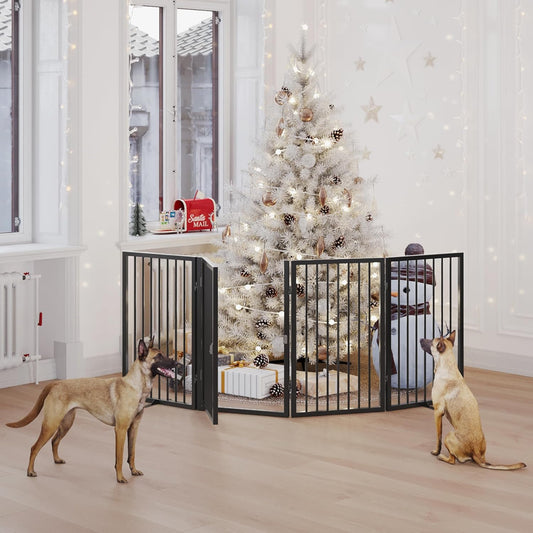 Vantas Folding No-Assembly Metal Pet Gate 120" Wide, 32" Extra Tall Dog Gate with Door Walk Through, Freestanding Accordion Puppy Gate Dog Door for Indoor & Outdoor, with 2PCS Support - Black