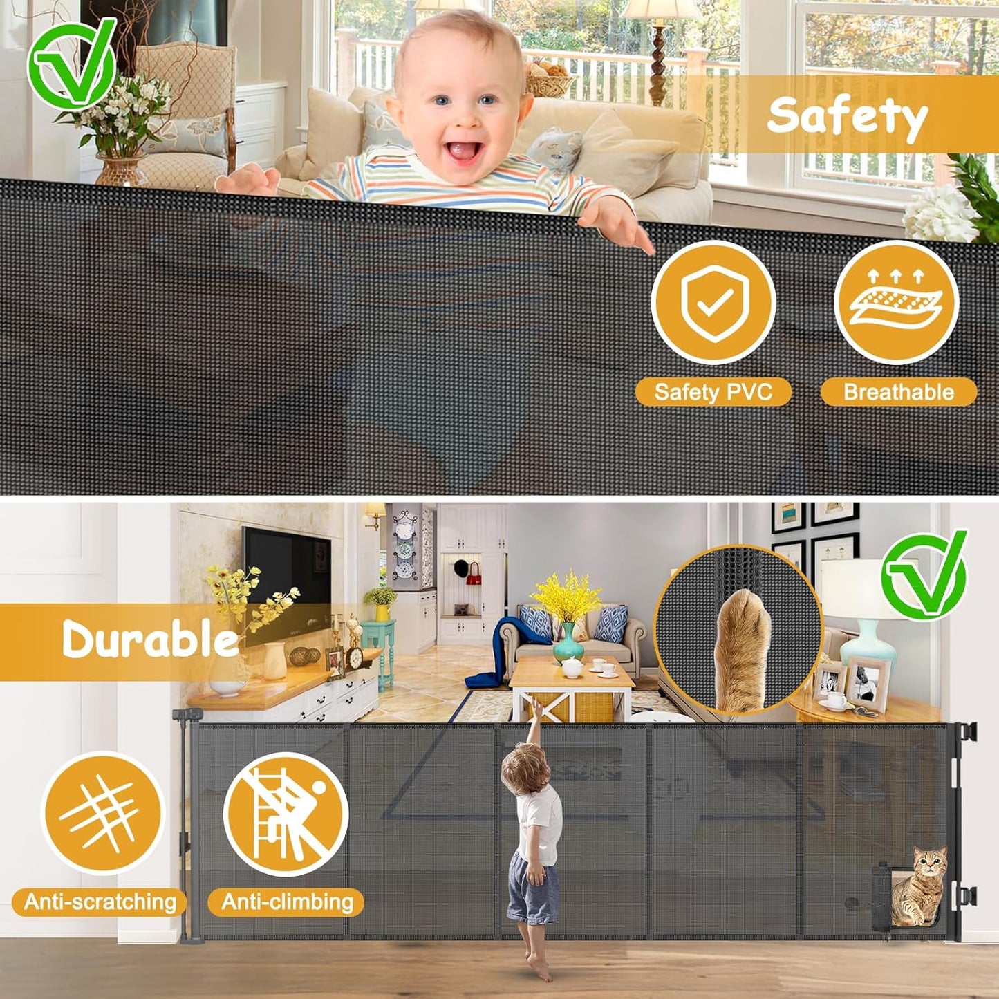 Reinforced 120 Inch Wide Retractable Baby Gates Extra Wide Pet Gate with Cat Door 10ft Extra Long Baby Gates for Large Openings 33 Inch Tall Reinforced Strips Retractable Dog Gate with Cat Door, Black