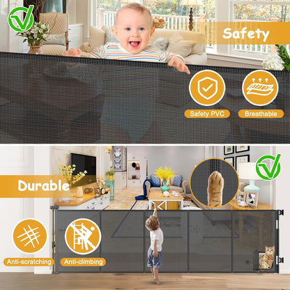 Reinforced 120 Inch Wide Retractable Baby Gates Extra Wide Pet Gate with Cat Door 10ft Extra Long Baby Gates for Large Openings 33 Inch Tall Reinforced Strips Retractable Dog Gate with Cat Door, Black