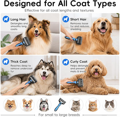 3-in-1 Professional Pet Grooming Brush for Dogs & Cats – Dematting Comb, Undercoat Rake & Deshedding Tool for Long & Short Hair, Heavy Shedding & Matted Fur (Blue)