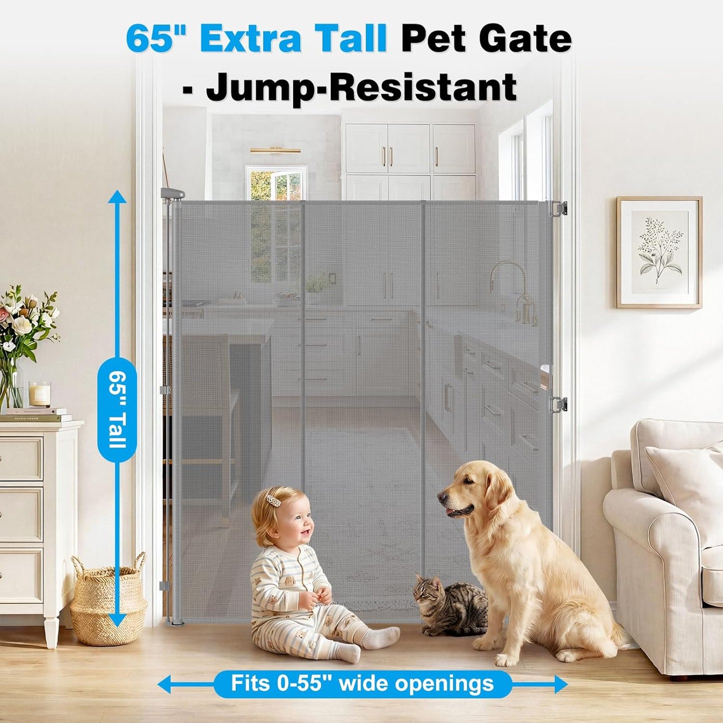 Reinforced 65" Extra Tall Pet Gate for Doorway, Jump-Resistant & Prevent Crawling Underneath Retractable Baby Gates Extra Tall, 0-55" W Retractable Dog Gate for Pet, Dogs, Cats, Puppies, Babies, Black