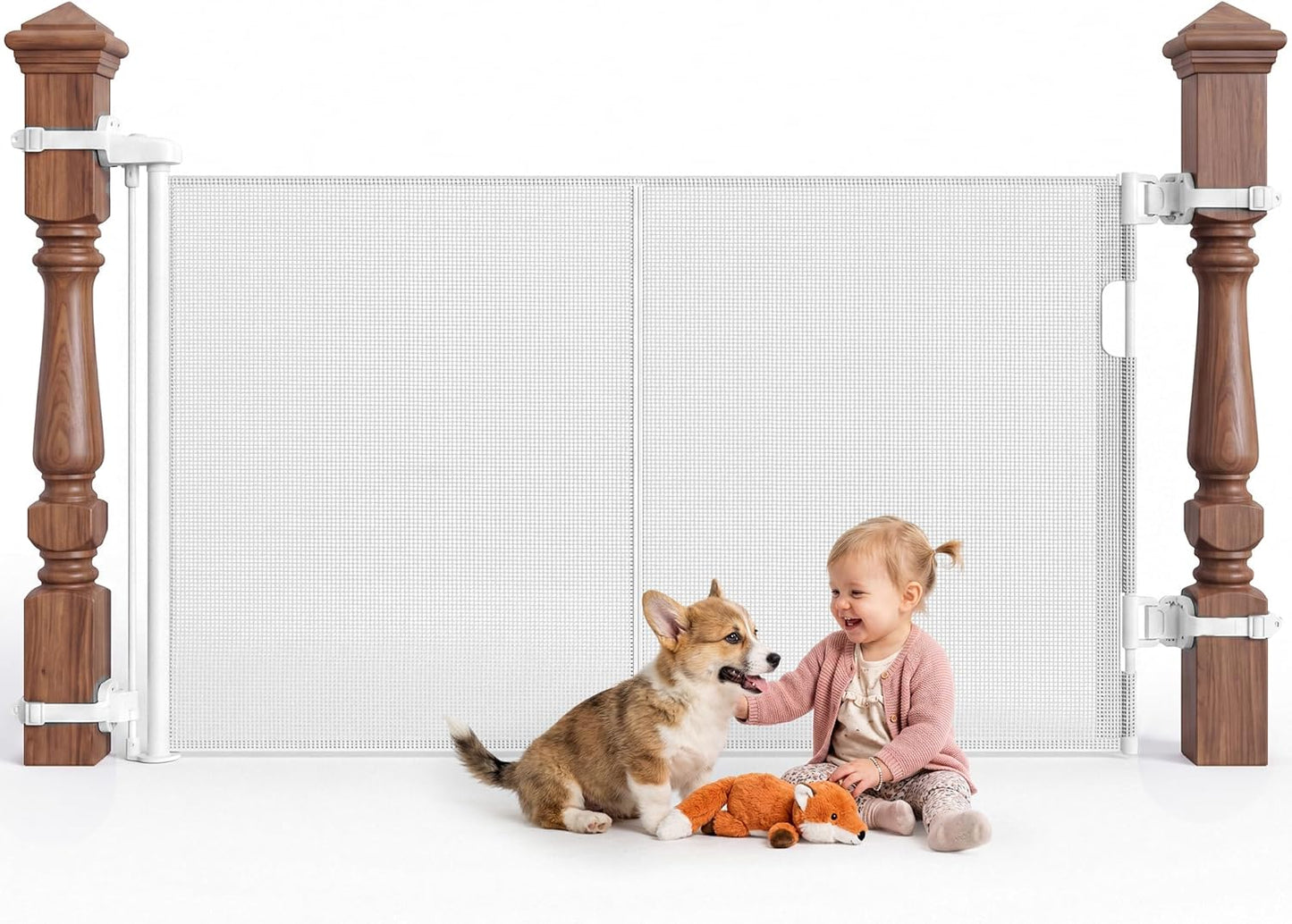Reinforced Retractable Baby Gate for Stairs & Banister, 55" Wide Mesh Dog Gate, One-Handed Dual Lock Safety Gate for Kids & Pets, Fits Round & Square Posts (Black)