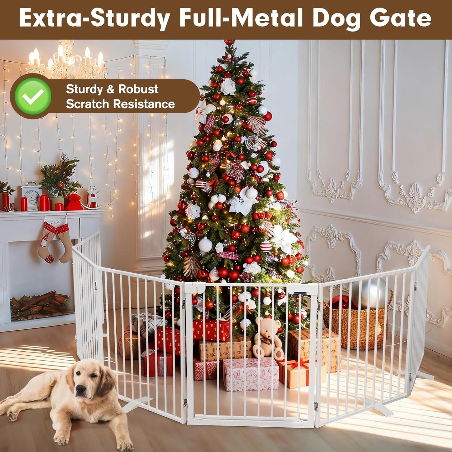 104" Extra Wide Dog Gate, Heavy Duty Metal Freestanding Dog Gate with Door for Indoor & Outdoor, Foldable Pet Fence for Doorways,House,Porch,Deck,Yard,Stairs, Auto Close(4 Panels,Black)