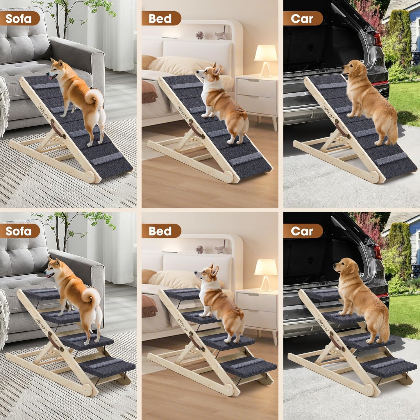 Dog Ramp for Bed - Foldable Small to Large Dog Ramp for Couch - 6 Adjustable Height from 12" to 24" - Stairs with High Traction Mat - Wooden Portable Ramp for Dogs to Get on Bed Couch Car Up to 200LBS