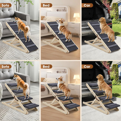 Dog Ramp for Bed - Foldable Small to Large Dog Ramp for Couch - 6 Adjustable Height from 12" to 24" - Stairs with High Traction Mat - Wooden Portable Ramp for Dogs to Get on Bed Couch Car Up to 200LBS