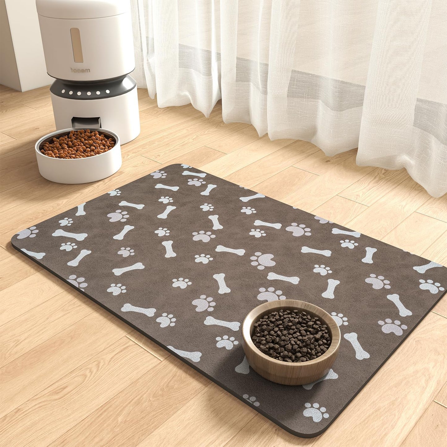 MontVoo Dog Food Mat-Pet Feeding Mat for Food and Water-No Stains Quick Dry Dispenser Cat Bowl Mat for Messy Drinkers(12"x19" Dark Grey)