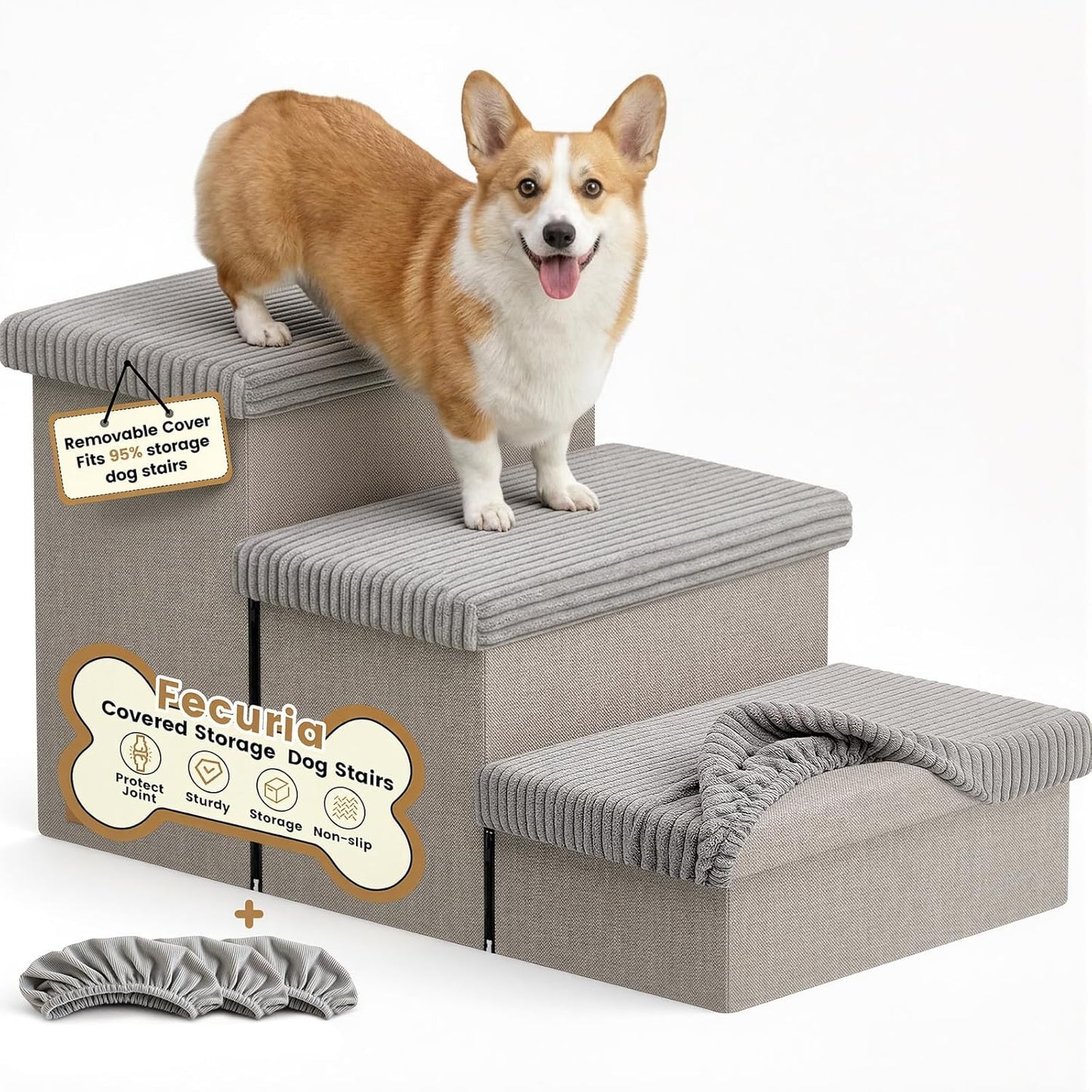 3-Step Wide Dog Stairs with Hidden Storage 18" H, Non-Slip Dog Steps for High Bed Couch Window Car, Jiont-Friendly Pet Stairs Ramp for Small/Medium/Large Old Dogs Cats Up to 200lbs, Grey