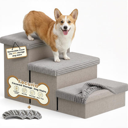 3-Step Wide Dog Stairs with Hidden Storage 18" H, Non-Slip Dog Steps for High Bed Couch Window Car, Jiont-Friendly Pet Stairs Ramp for Small/Medium/Large Old Dogs Cats Up to 200lbs, Grey
