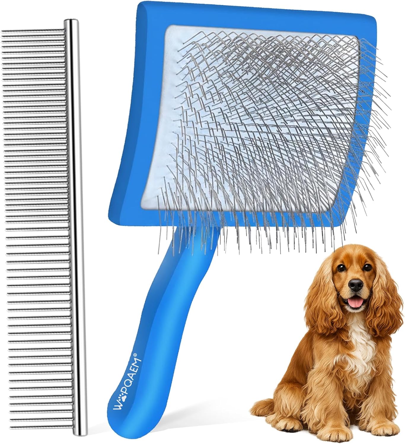 Slicker Brush for Doodles and Poodles - 2-Piece Solid Wood Dog Grooming Set with Extra Long Pin Dematting Tool and Metal Comb for Curly, Matted & Thick Hair, Purple