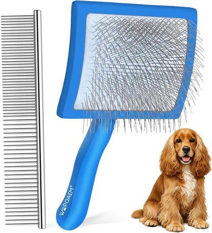 Slicker Brush for Doodles and Poodles - 2-Piece Solid Wood Dog Grooming Set with Extra Long Pin Dematting Tool and Metal Comb for Curly, Matted & Thick Hair, Purple