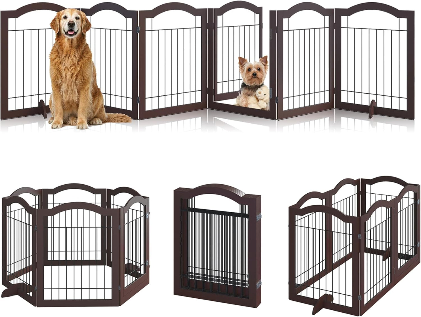 Vantas Espresso Wooden Folding Dog Gate 144" Wide x 30" Tall with Door, Freestanding Pet Gate, Pet Puppy Safety Fence