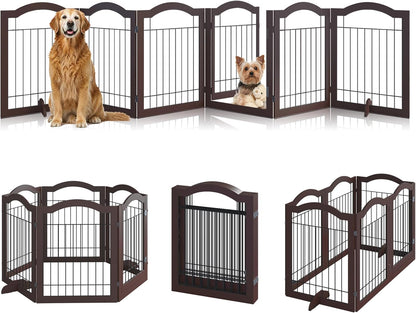 Vantas Espresso Wooden Folding Dog Gate 144" Wide x 30" Tall with Door, Freestanding Pet Gate, Pet Puppy Safety Fence