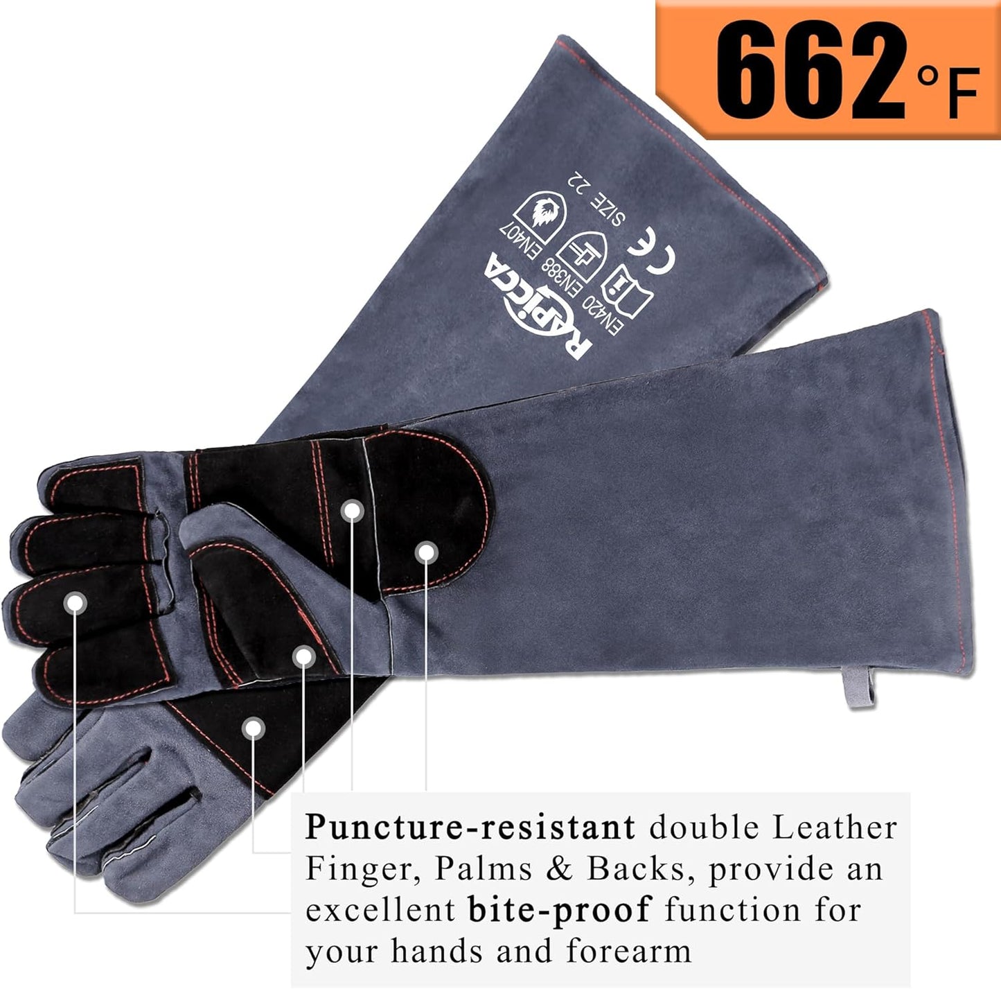 RAPICCA Animal Handling Gloves Bite Proof Double Leather Reinforced Padding Dog,Cat Scratch,Bird Handling Falconry Gloves Grabbing Reptile Squirrel Snake Bite 16in Grey-Black