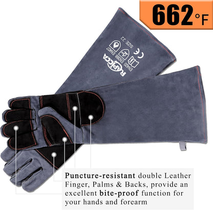 RAPICCA Animal Handling Gloves Bite Proof Double Leather Reinforced Padding Dog,Cat Scratch,Bird Handling Falconry Gloves Grabbing Reptile Squirrel Snake Bite 16in Grey-Black