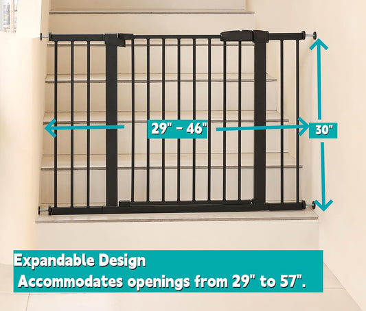 44.72"-46.89" Baby and Pet Safety Gate, 30" Tall Metal Walk-Thru Gate for Doorways & Stairs, Easy One-Hand Open, Dual Lock, Extensions & Wall Mounts Included (Brown, 29"-46" W x 30.5“H)