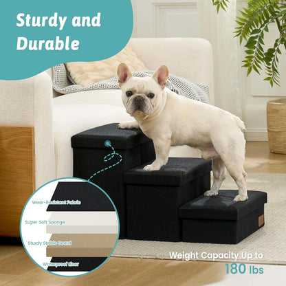 Dog Stairs with Storage, 4-Step Wider Sturdy Dog Steps for Small/Medium/Large Dogs and Older Cats, Folding Doggie Ramp for Bed/Couch/Car Hold Up to 180 lbs (22" H, Brown)