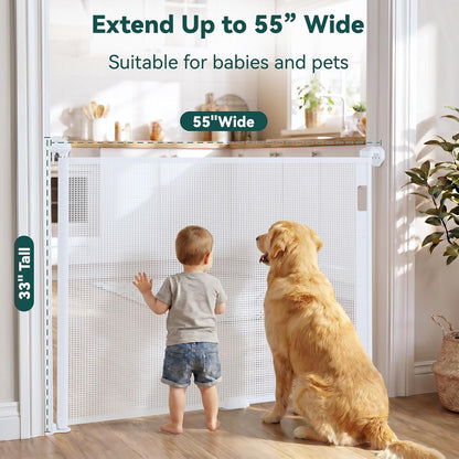 Babepai Retractable Baby Gates for Stairs, Retractable Dog Gate for Indoor/Outdoor Use | Child Gates for Doorways, Deck, Porch, Hallways, Patio (White, 55" Wide 34" Height)