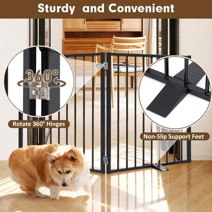 104" Extra Wide Dog Gate, Heavy Duty Metal Freestanding Dog Gate with Door for Indoor & Outdoor, Foldable Pet Fence for Doorways,House,Porch,Deck,Yard,Stairs, Auto Close(4 Panels,Black)