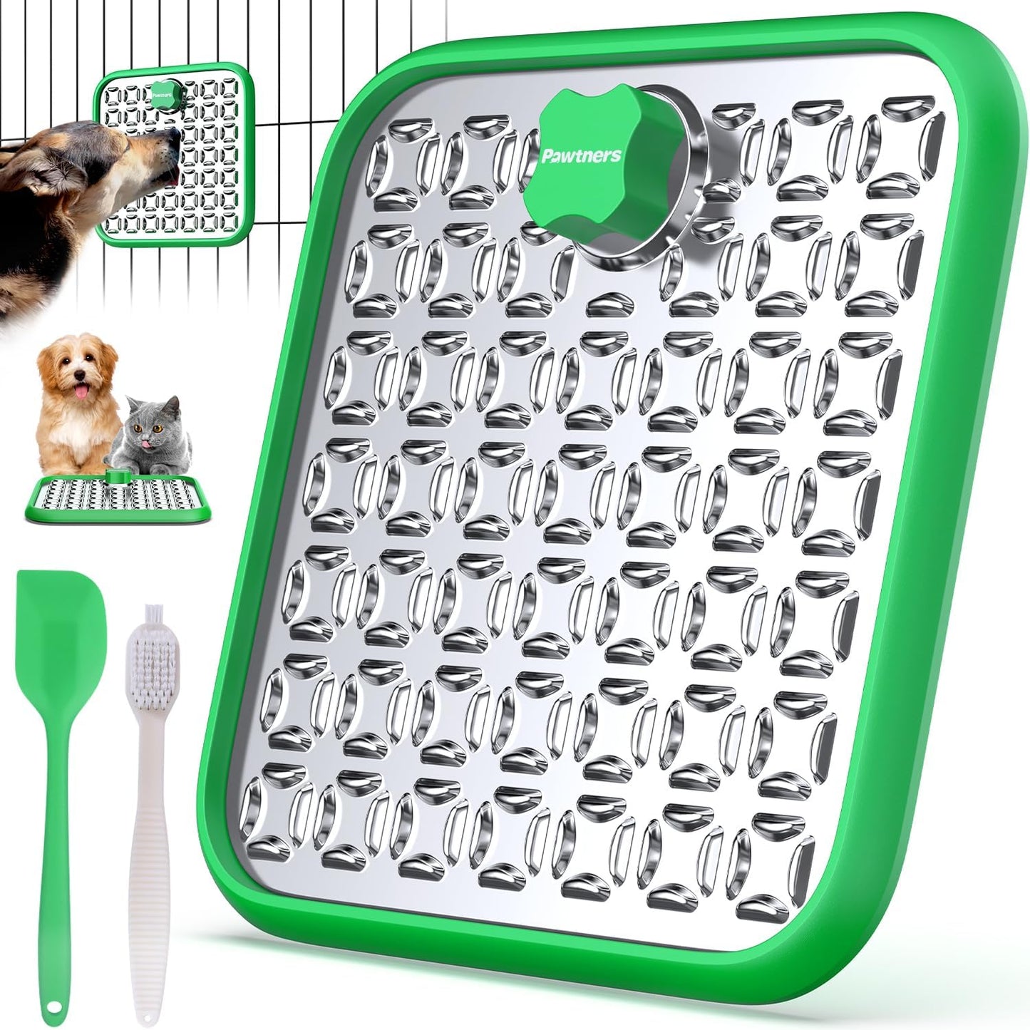Lick Mat for Dogs & Cats, Stainless Steel Pet Slow Feeder for Crate Boredom & Anxiety Reduce, Cat Licking Pads with Spatula & Scrubbing Brush, Blue