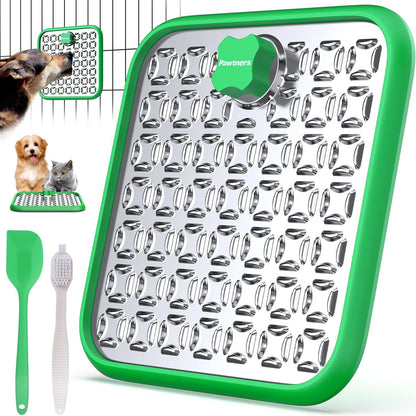 Lick Mat for Dogs & Cats, Stainless Steel Pet Slow Feeder for Crate Boredom & Anxiety Reduce, Cat Licking Pads with Spatula & Scrubbing Brush, Blue