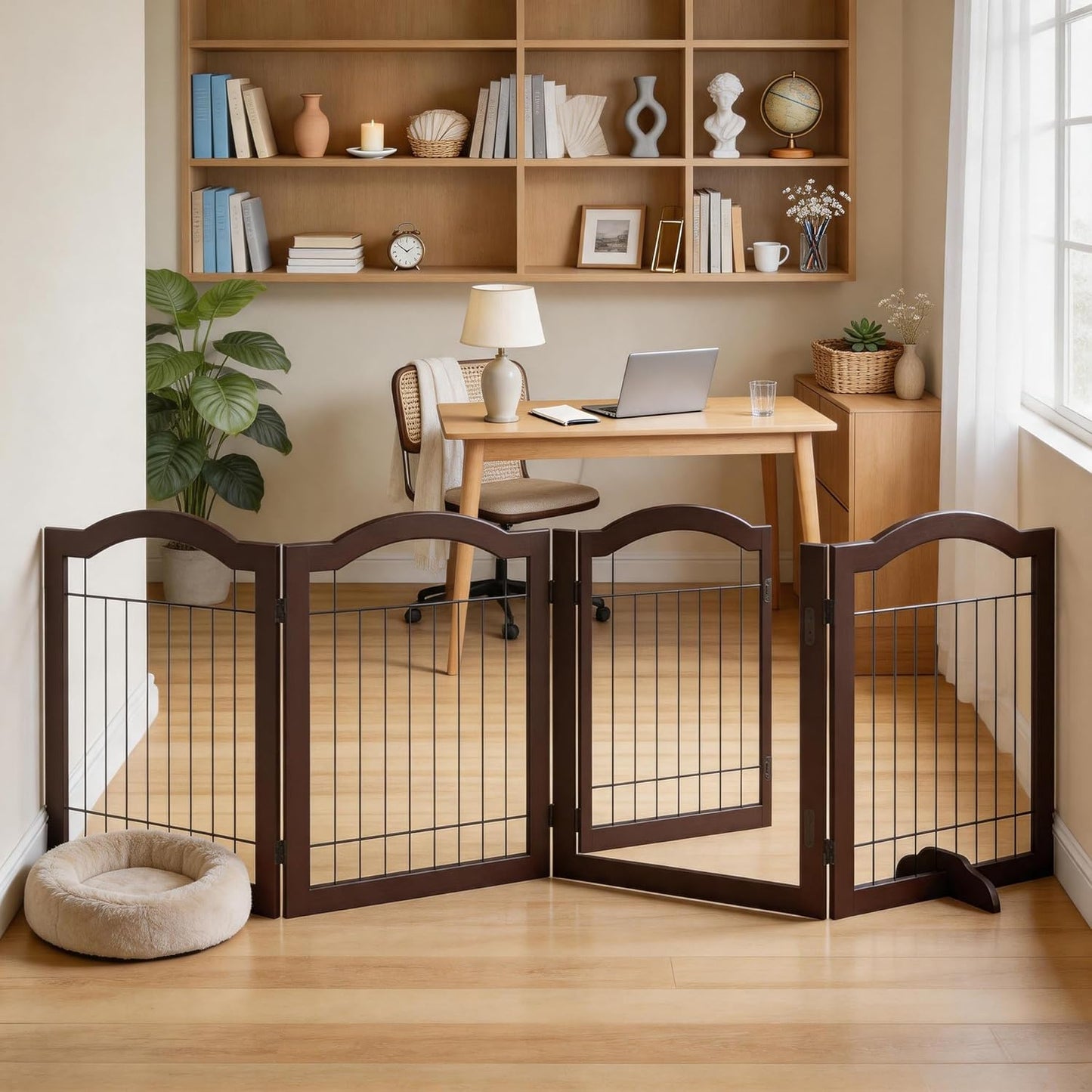 Vantas Espresso Wooden Folding Dog Gate 144" Wide x 30" Tall with Door, Freestanding Pet Gate, Pet Puppy Safety Fence