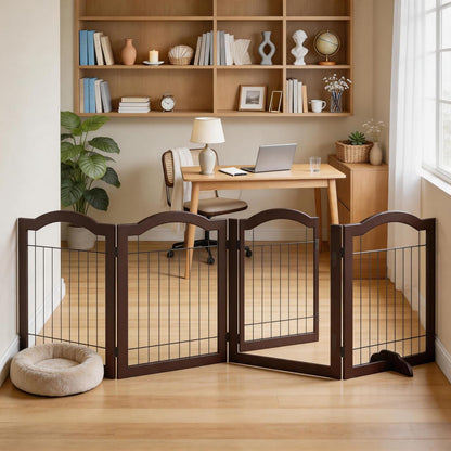Vantas Espresso Wooden Folding Dog Gate 144" Wide x 30" Tall with Door, Freestanding Pet Gate, Pet Puppy Safety Fence