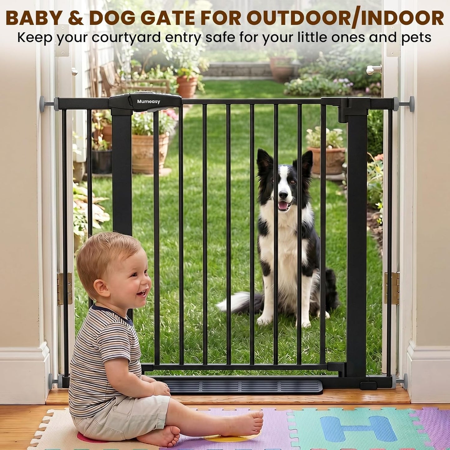 Baby Gate for Stairs, 29.7-40.6" Auto Close Dog Gate Indoor for Doorways, Dual-Lock Design, Adjustable Pet Gate No Drilling with Walk Thru Door for Hallways, Stroller Friendly, Black
