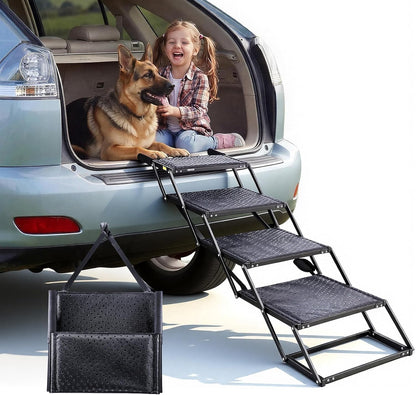 VEVOR Dog Stairs for Car, 4 Steps Extra Wide Foldable Dog Ramp for Large Dogs with Non-Slip Rug Surface, Portable Lightweight Pet Ladder for Car, SUV, Truck, High Beds, Sofas, Support up to 200 lbs