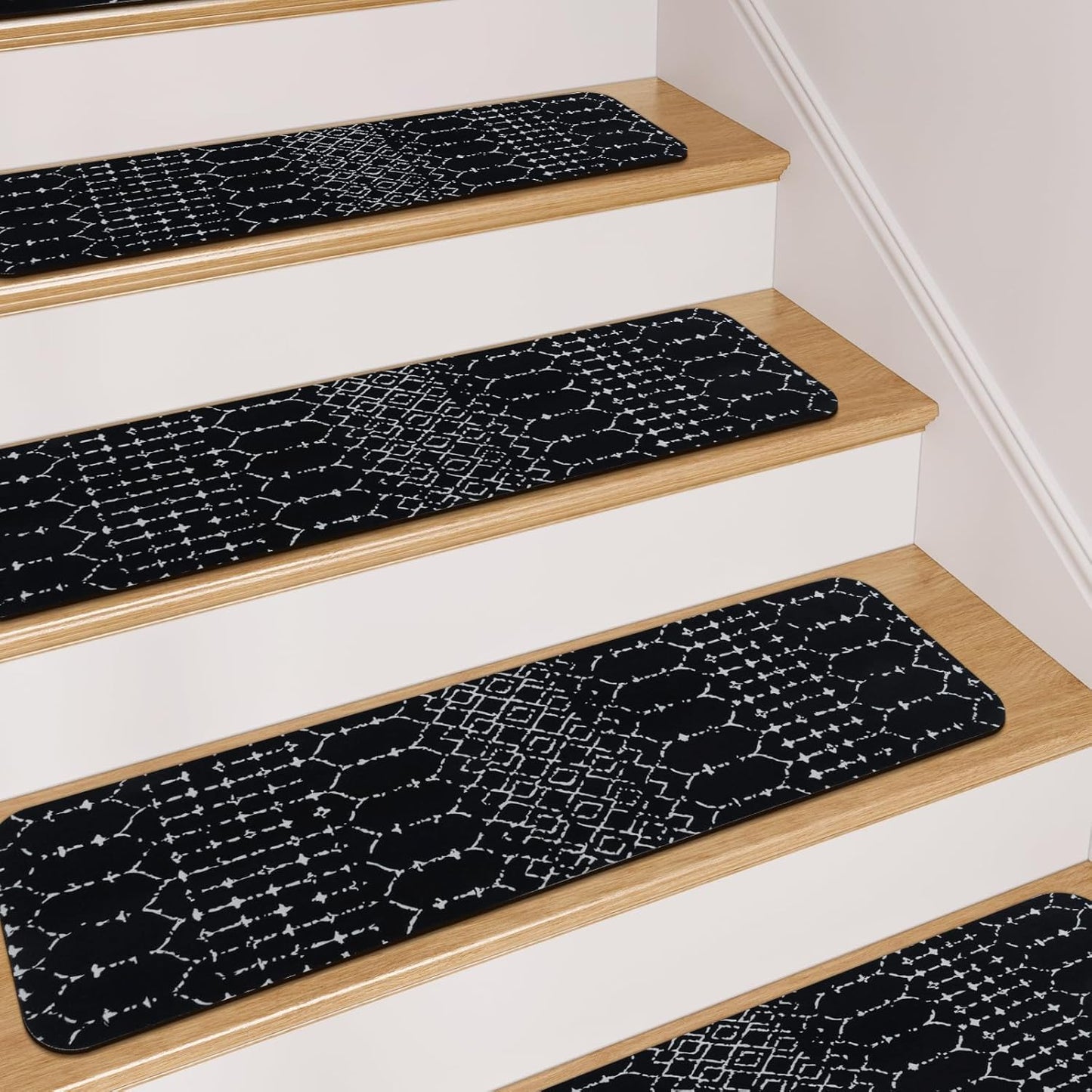 OJIA Boho Stair Treads Non-Slip Stair Runners for Wooden Steps Indoor 15PCS 30"x8" Washable Carpet Stair Treads Stair Mats Staircase Step Treads for Kids, Elders and Dogs, Stair Covers, Black