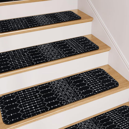 OJIA Boho Stair Treads Non-Slip Stair Runners for Wooden Steps Indoor 15PCS 30"x8" Washable Carpet Stair Treads Stair Mats Staircase Step Treads for Kids, Elders and Dogs, Stair Covers, Black
