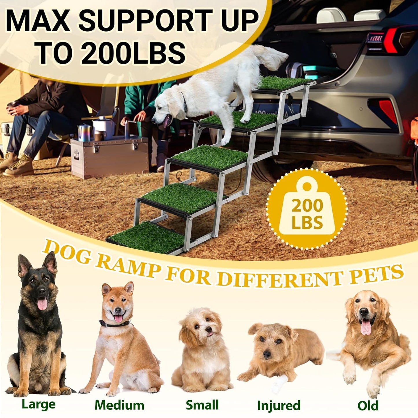 Niubya Dog Ramps for Cars, Portable Folding Dog Stairs for Cars, SUV, Trucks, Lightweight Pet Ramp for Large Dogs with Non-Slip Surface, Reinforced Pet Steps Supports Up to 200 lb, 6 Steps
