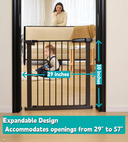 44.72"-46.89" Baby and Pet Safety Gate, 30" Tall Metal Walk-Thru Gate for Doorways & Stairs, Easy One-Hand Open, Dual Lock, Extensions & Wall Mounts Included (Brown, 29"-46" W x 30.5“H)