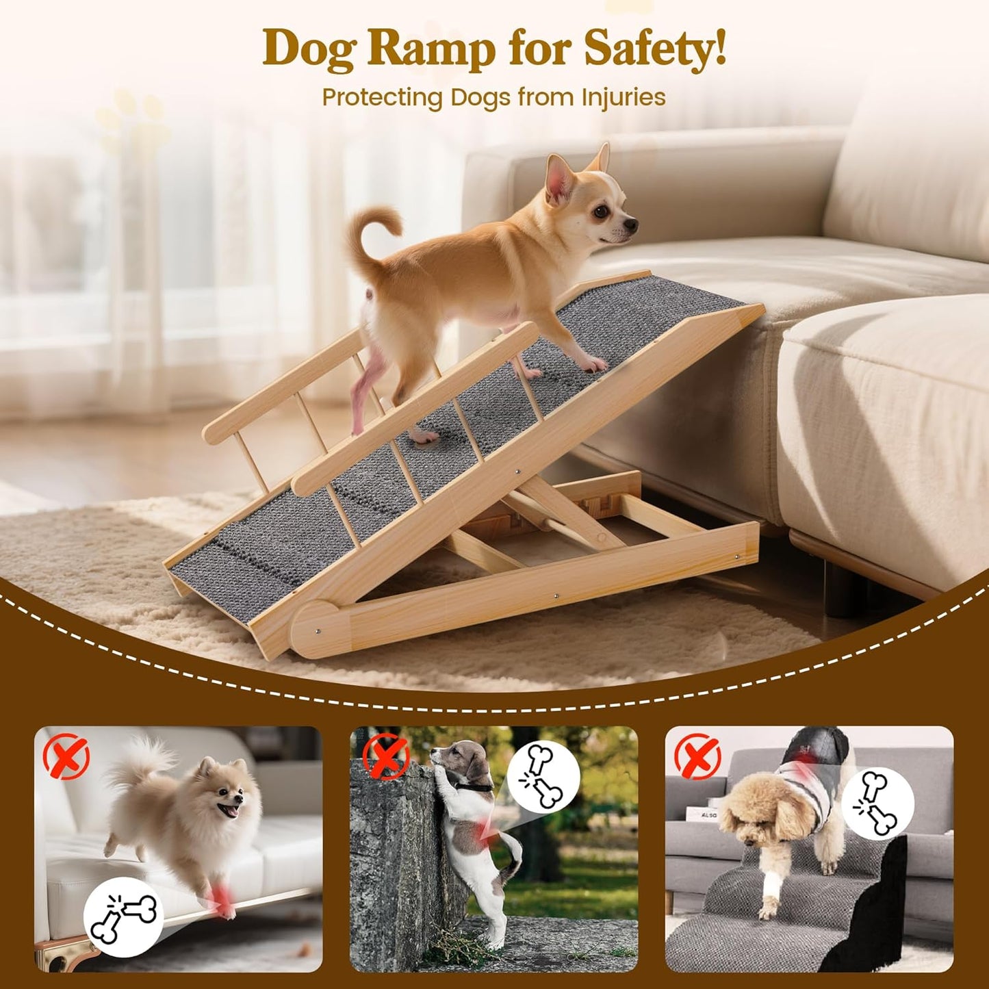 47" Long Non-Slip Portable Pet Ramp for Small Large Dogs, Dog Ramp for Bed, Wooden Adjustable Dog Ramps for Bed, Couch, Height from 12" to 24", Up to 200LBS
