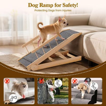 47" Long Non-Slip Portable Pet Ramp for Small Large Dogs, Dog Ramp for Bed, Wooden Adjustable Dog Ramps for Bed, Couch, Height from 12" to 24", Up to 200LBS