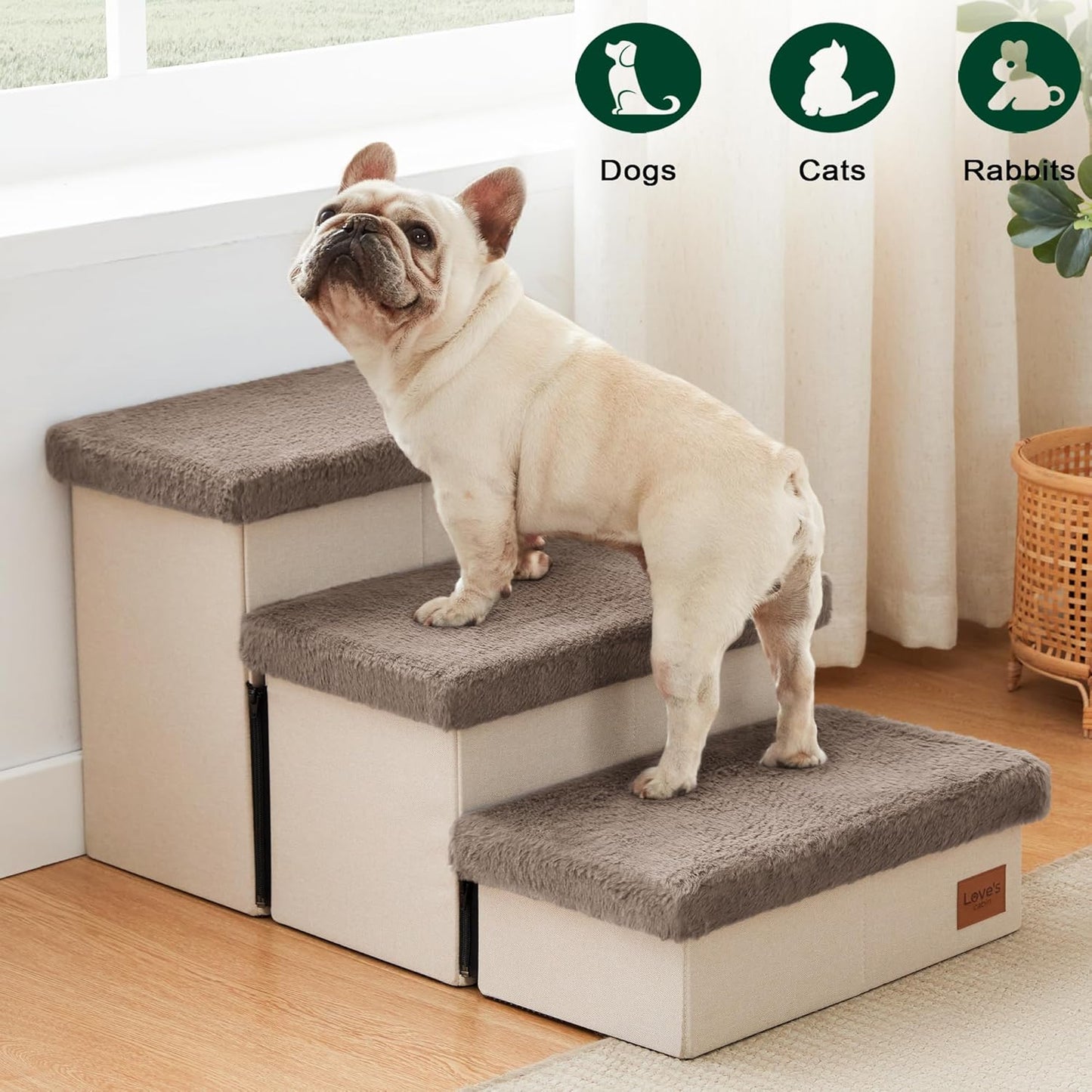 Love's cabin Dog Stairs with Storage 13" H, Foldable Pet Stairs for Small Medium or Large Dogs, Cat Puppy Steps Ramp with Zip up to 150 lbs, Solid Grey, 2 Steps