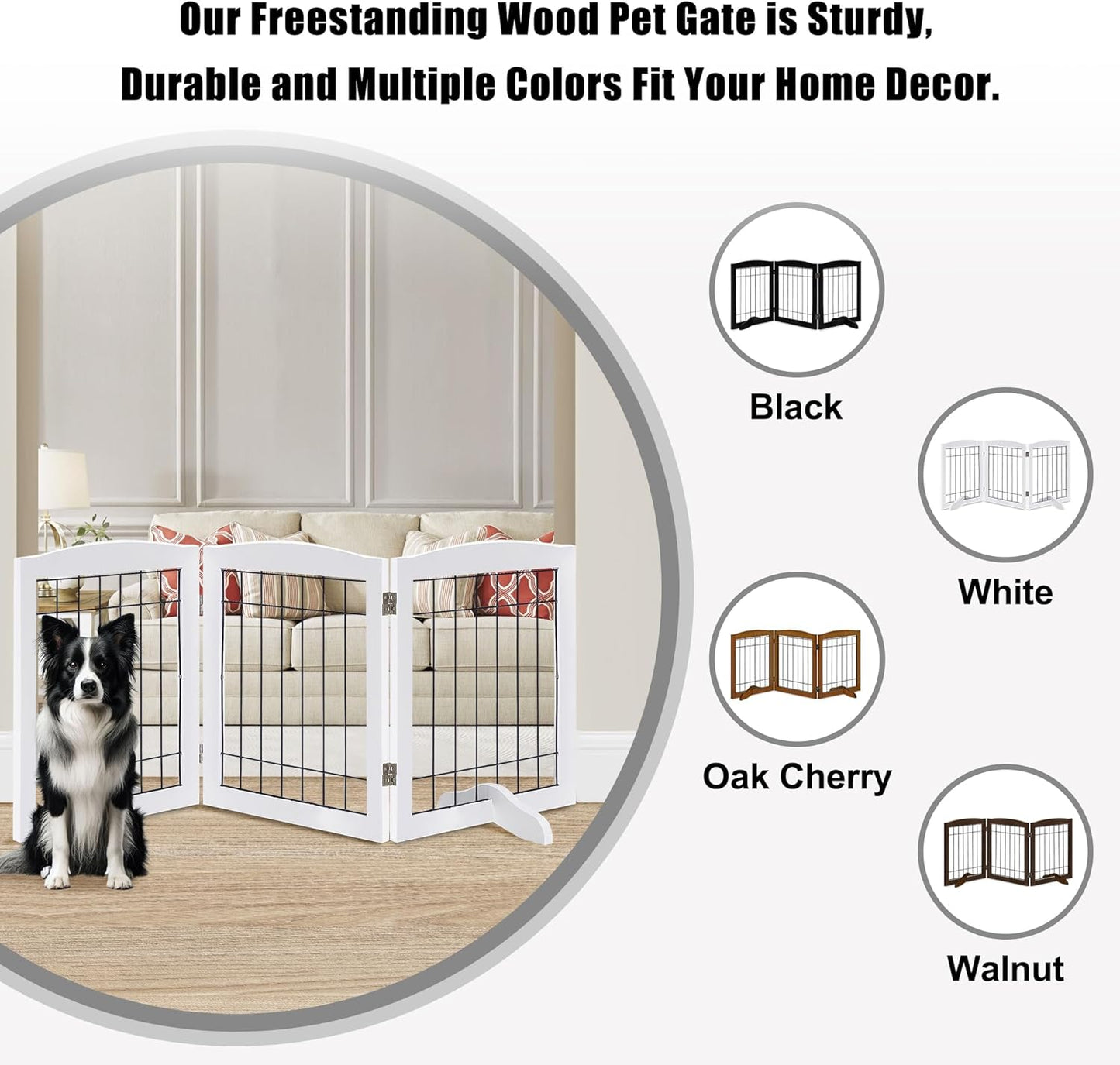 LZRS 2-Panel Freestanding Foldable Wood Dog Gate – Solid Wood & Steel Wire, Chew-Resistant Pet Barrier for Indoor Use, Ideal for Small to Medium Dogs, White