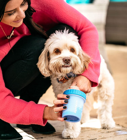 Dexas MudBuster Medium Dog Paw Cleaner in Fuchsia - Fits 1.5"-2.5" Wide Paws, Portable Paw Washer for Muddy Paws, Dog Paw Cleaning Cup with Gentle Silicone Bristles, Quick Clean Pet Paw Washer