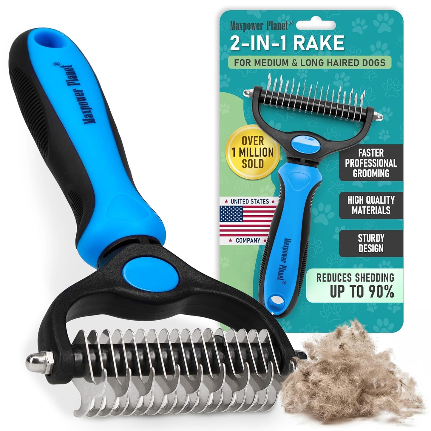 Maxpower Planet Dog Rake and Dog Hair Brush - Gently Removes Loose Undercoat, Mats and Tangled - Deshedding Grooming Tool for Dogs & Cats - Self Cleaning Slicker Brush - All Hair Types