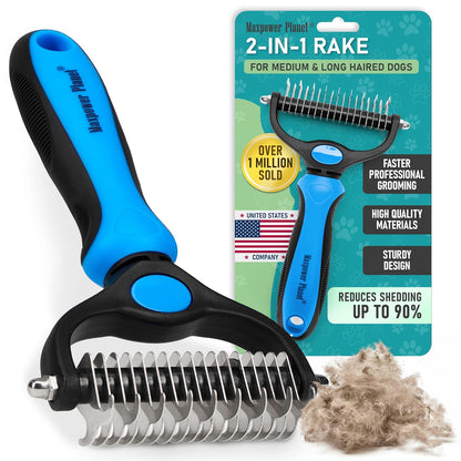 Maxpower Planet Dog Rake and Dog Hair Brush - Gently Removes Loose Undercoat, Mats and Tangled - Deshedding Grooming Tool for Dogs & Cats - Self Cleaning Slicker Brush - All Hair Types