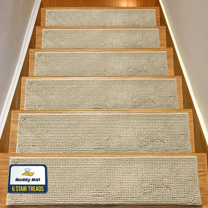Muddy Mat® Pack of 4 - Soft Chenille Stair Treads Non-Slip Reusable, Super Absorbent Stair Treads for Wooden Steps, Tile & Marble Floor, Easy to Install & Machine Washable - Grey 30'' x 7''
